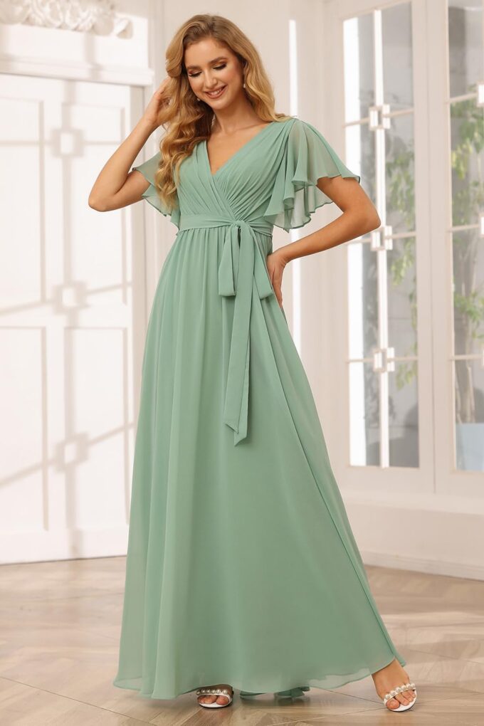 Raseal Flutter Sleeve Chiffon Bridesmaid Dress Long with Pockets V Neck Pleated Formal Dress for Women RS037 – Bild 4