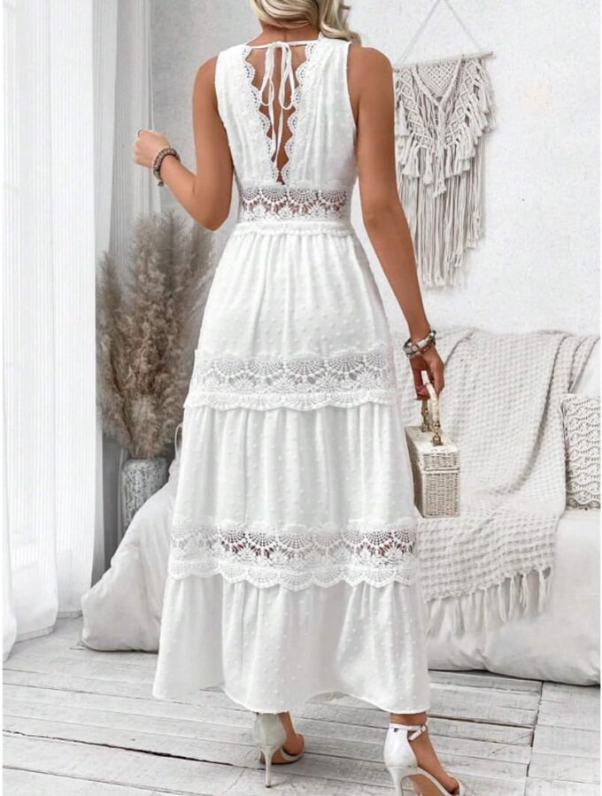 utcoco Womens Summer Embroidery Crochet Maxi Dresses Spliced Hollow Out V Neck Casual Sleeveless Flowy Boho Long Dress – Bild 3