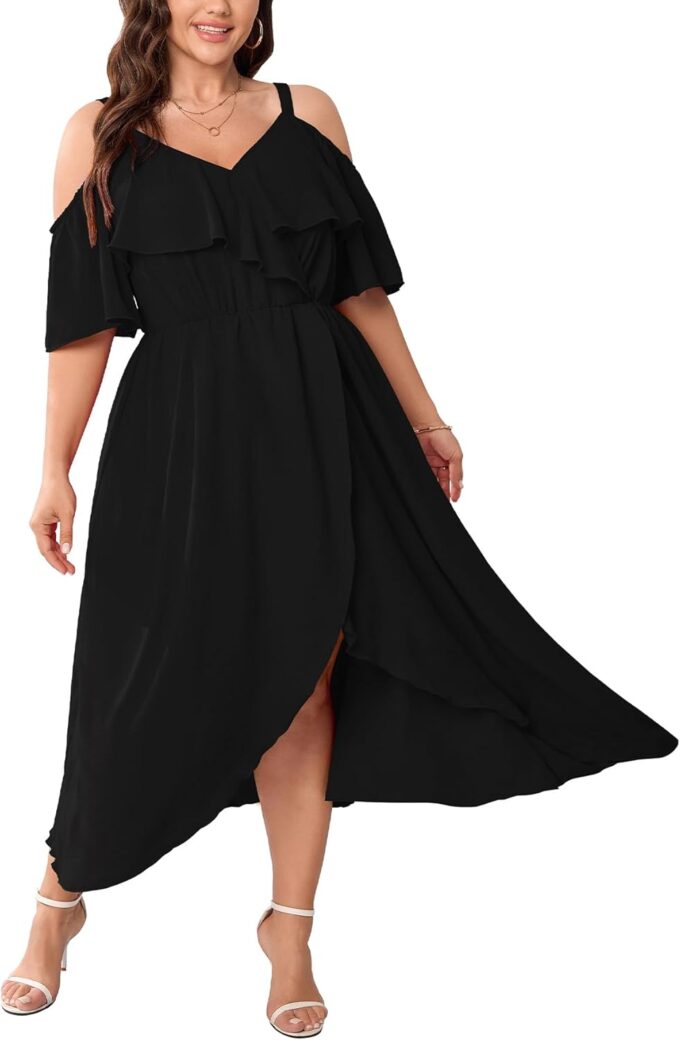 Womens Plus Size Cold Shoulder Dress Short Sleeve Ruffle Summer Sundress High Low Flowy Maxi Long Dresses