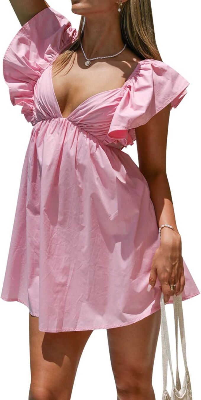 hibshaby Womens Sexy Deep V Neck Ruffle Sleeve Mini Dress Backless Lace Up Summer Dresses – Bild 5