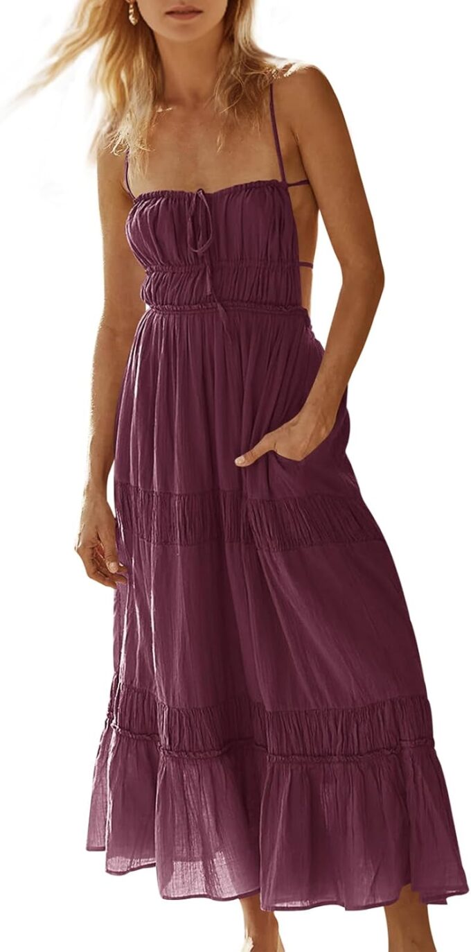Wenrine Womens Summer Beach Dresses Backless Spaghetti Straps Self Tie Tiered Flowy Casual Maxi Dress with Pockets