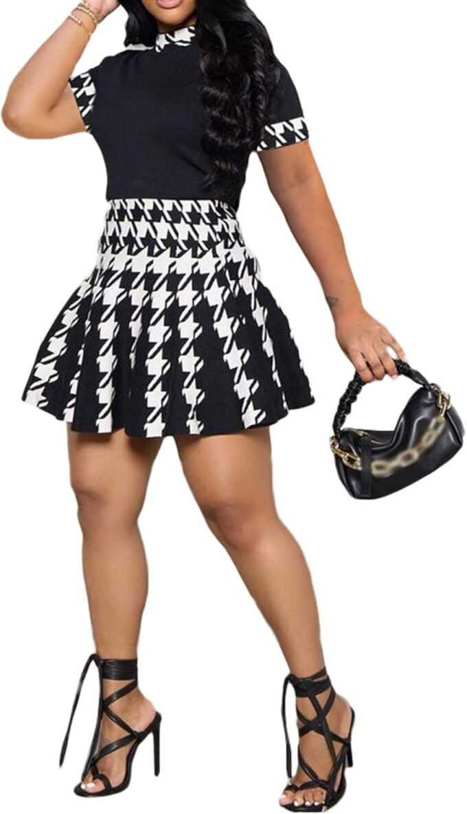 SOMTHRON Women's Houndstooth Print 2 Piece Outfit Sexy Short Sleeve T-Shirt and Pleated Mini Skirt Set Suit