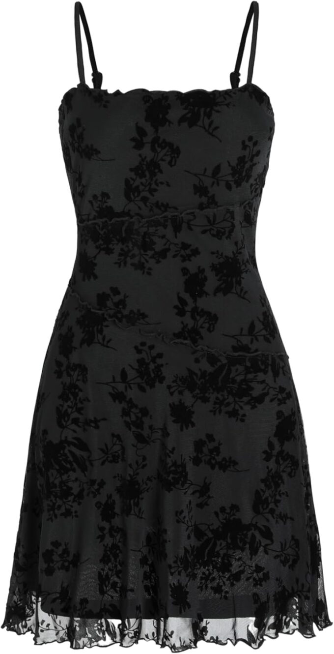 CIDER Women's Summer Mini Dress Floral Dresses Sleeveless Lace Mesh Square Neck Spaghetti Strap Short Party Dresses
