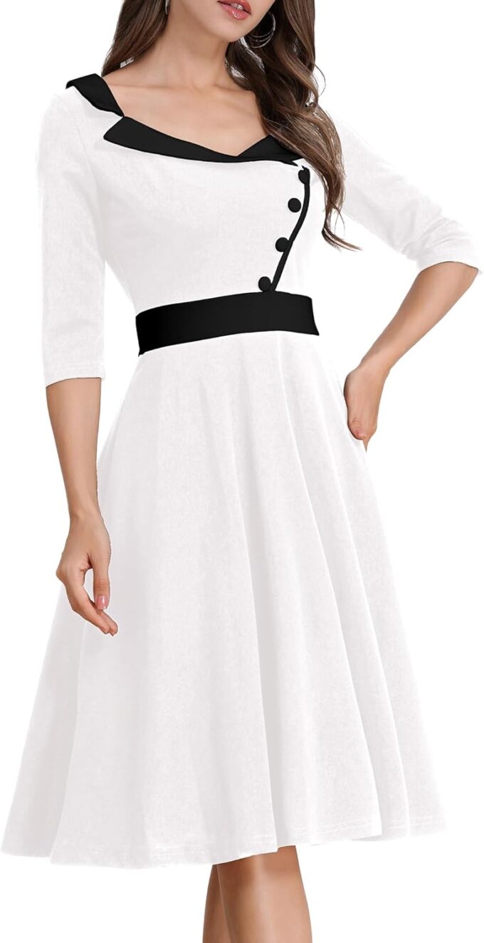 ODIZLI 1950s Dresses for Women Retro Dress 3/4 Sleeve Sweetheart Neckline Swing Midi Dress Cocktail Dress