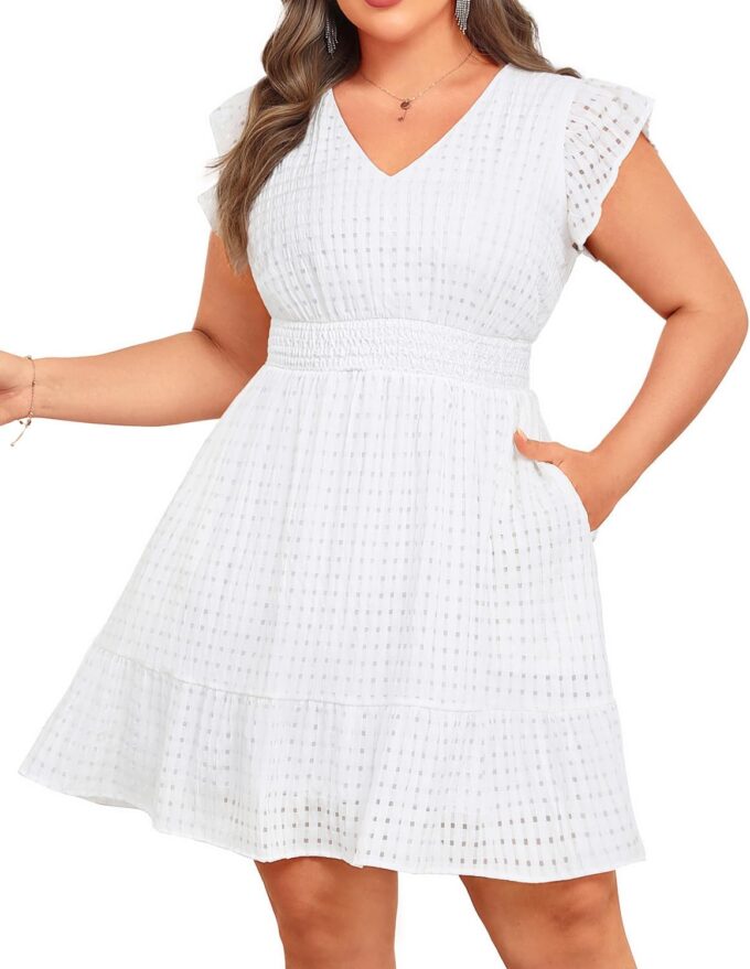 Women's Plus Size Summer Dress - Casual V-Neck Flutter Sleeves A-Line Short Sun Dress with Pockets for Beach Vacation