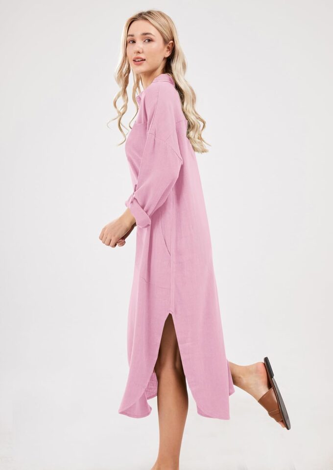 utcoco Womens Casual Loose Cotton Linen Long Shirt Dress Lapel Button Cuffed Sleeve Side Split Dresses with Pockets – Bild 5