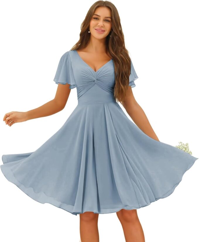 Miao Duo V Neck Short Dusty Blue Bridesmaid Dresses with Pockets Short Ruched Flutter Sleeves Chiffon Formal Dresses for Wedding 8