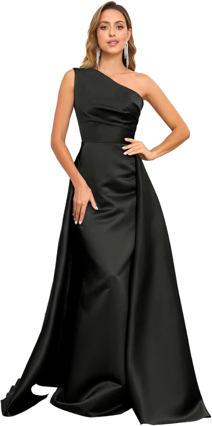 One Shoulder Satin Prom Dresses for Women 2025 A-Line Ruched Long Formal Dresses Evening Gown with Overskirt MRX08