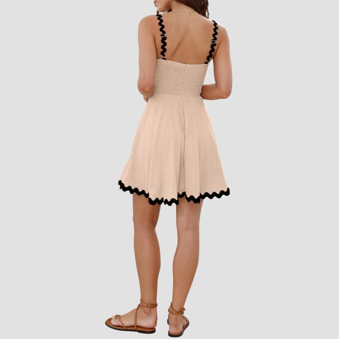 Senllen Womens Summer Flowy Mini Dress 2025 Casual Spaghetti Straps Sleeveless Smocked Backless Swing Wave Trim Sundress – Bild 3