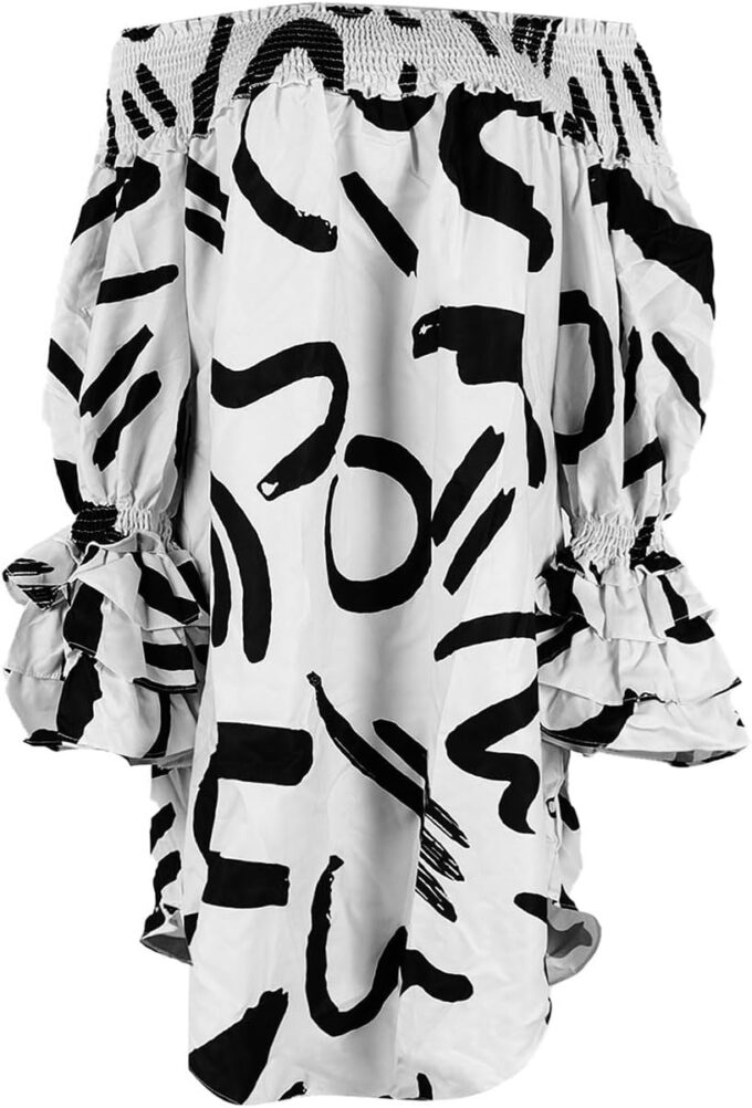 WOKANSE Women's Casual Plus Size Shirred Dresses Off Shoulder Bell Sleeves Ruffle Loose Stretchy Neck Midi Dress – Bild 3