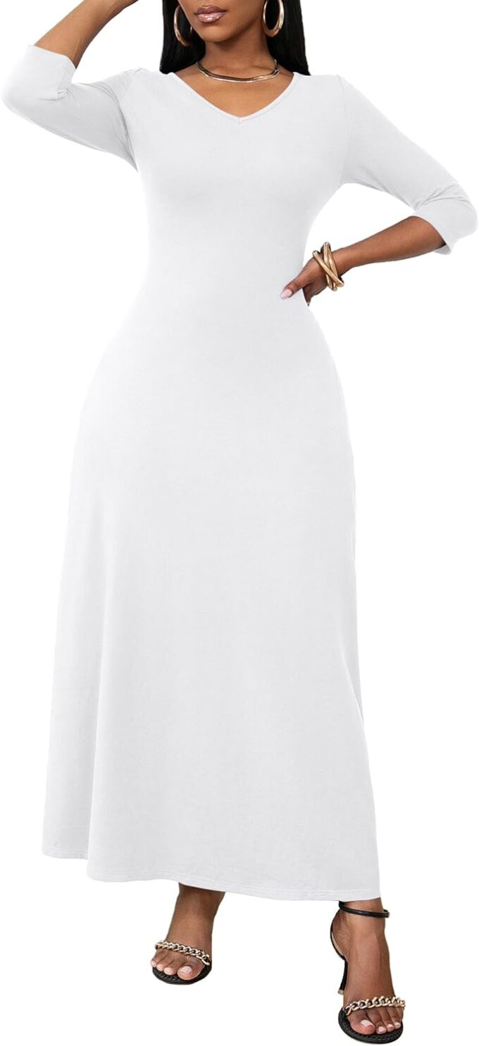 FANDEE Maxi Dress for Women 3/4 Sleeve Maxi Dresses V Neck Casual Loose Long T Shirt Dresses with Pockets – Bild 3