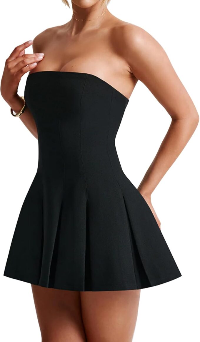 Women's Sexy Strapless Ruched Pleated Tube Mini Dress Y2K Sleeveless A Line Bodycon Short Dress – Bild 3