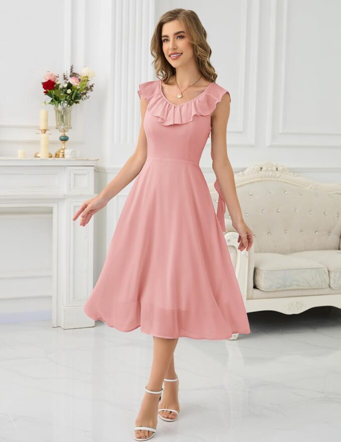 HomRain Formal Dress Spring Collection Church Pink Blush Ruffle Dresses for Women 2025 Elegant Ruffle Midi Gown for Party Blush XL – Bild 2