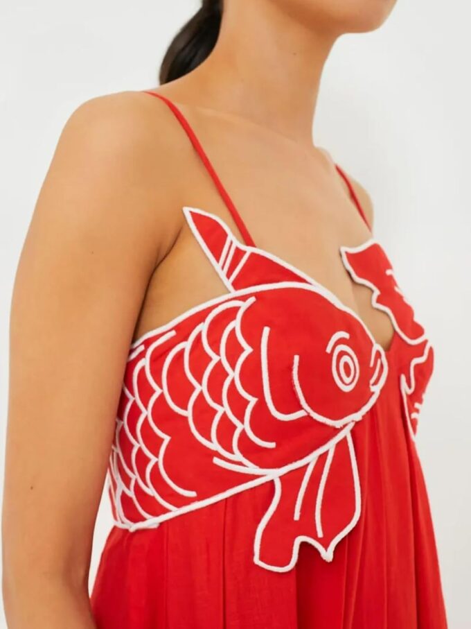 Womens Koi Fish Sleeveless Long Strap Dress High Waist 3D Fish Maxi Cami Dress – Bild 4