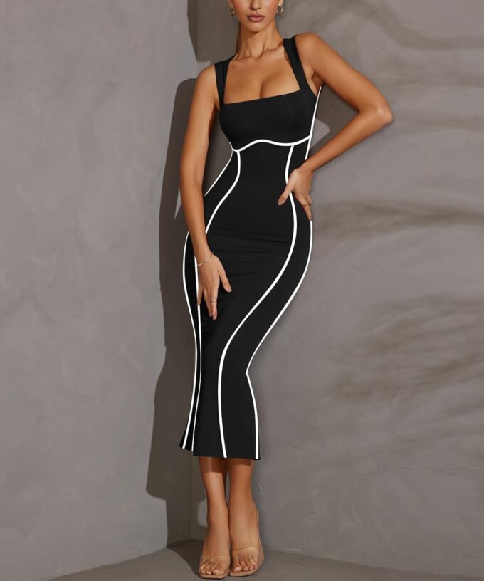 Lrady Women's Square Neck Dresses Long Sleeve Contrast Binding Split Bodycon Mermaid Evening Cocktail Party Dress – Bild 5