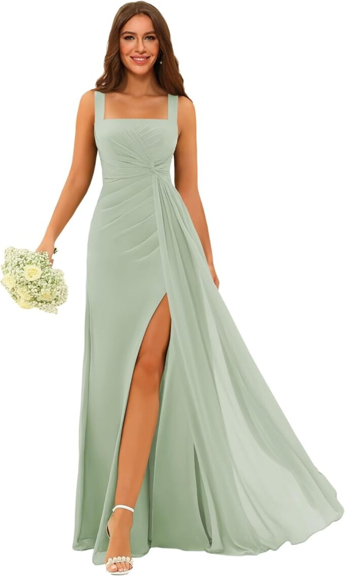 Stylefun Square Neck Bridesmaid Dresses Long with Slit Pleated A Line Chiffon Formal Evening Dress CYM184