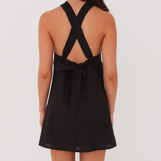 Women Aesthetic Halter Short Dress Sleeveless Cross Tie Up Backless Solid Slim Mini Dress Vacation Party – Bild 7