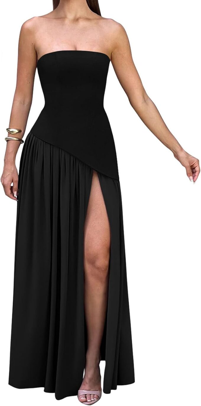 Memoriesea Women's Elegant Strapless High Split A Line Flowy Party Cocktail Maxi Dress