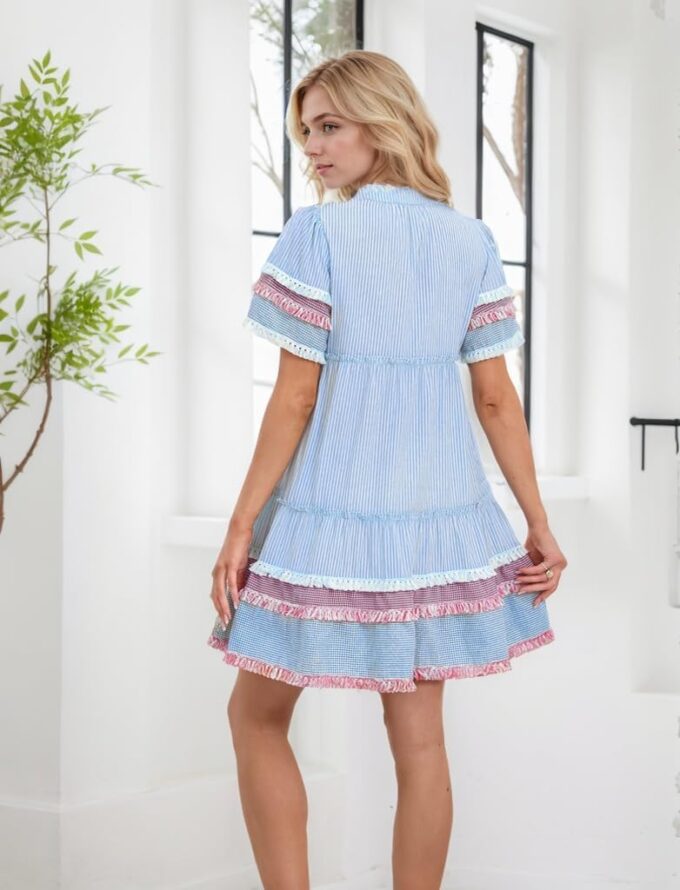 Women Striped Mini Dress V Neck A Line Flowy Fringe Hem Puff Sleeve Cute Tiered Babydoll Dress – Bild 4