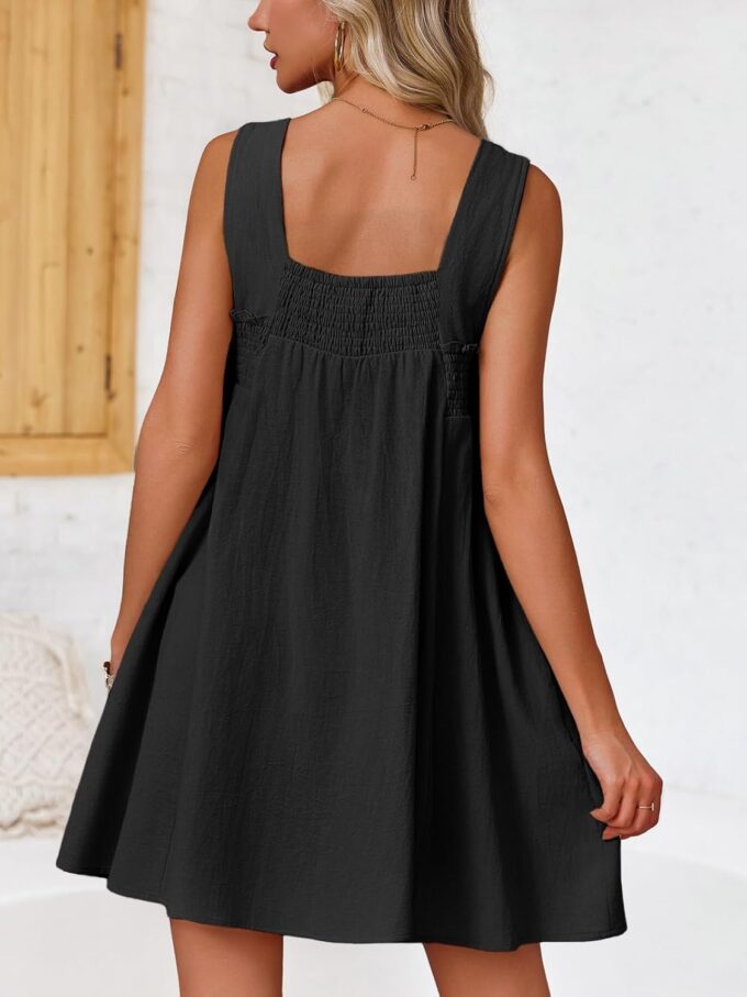 Fisoew Women 's Summer Casual Sleeveless Mini Dress Square Neck Smocked Swing Loose Babydoll Dress – Bild 4