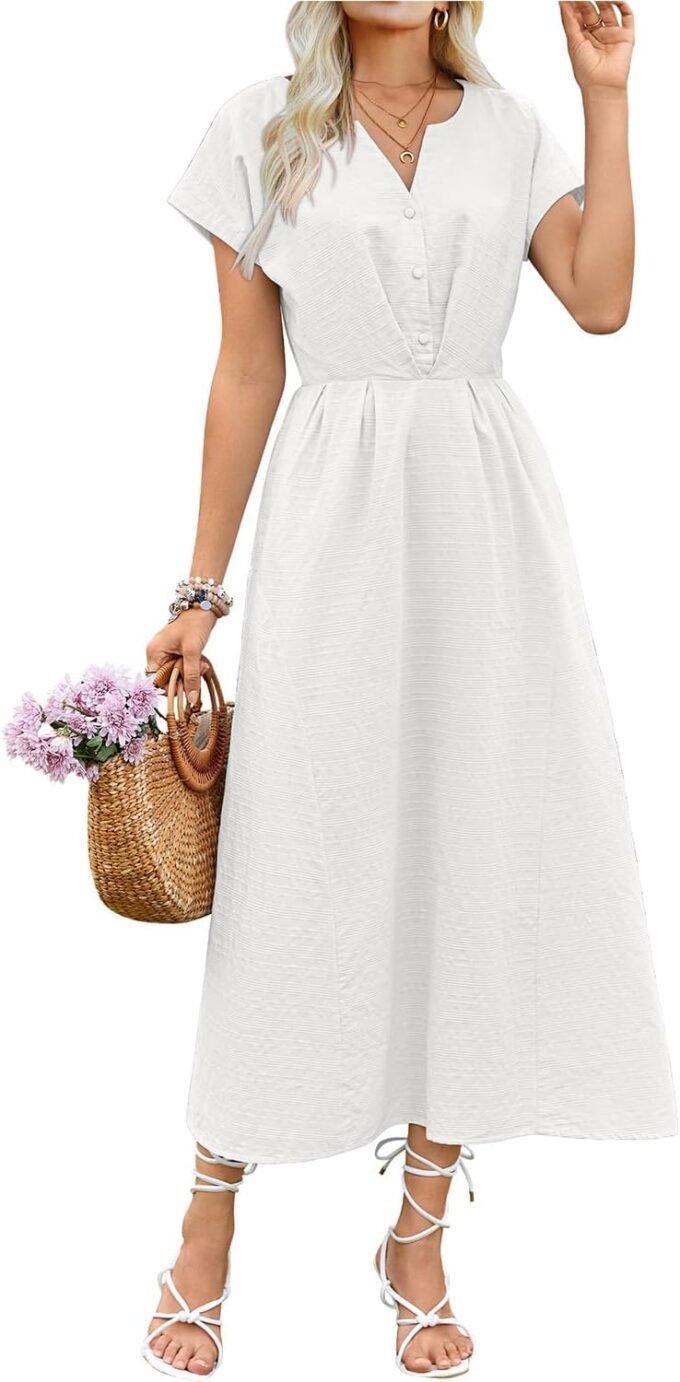ECOWISH Women Cotton Midi Dress: 2025 Button V Neck Casual Summer Dresses Short Sleeve A-Line Shirt Long Dress with Pockets