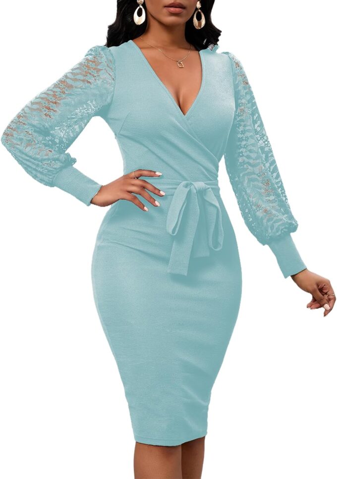 Womens Sexy Wrap V Neck Lantern Lace Long Sleeve Bodycon Midi Dress Semi Formal Cocktail Party Dresses – Bild 4