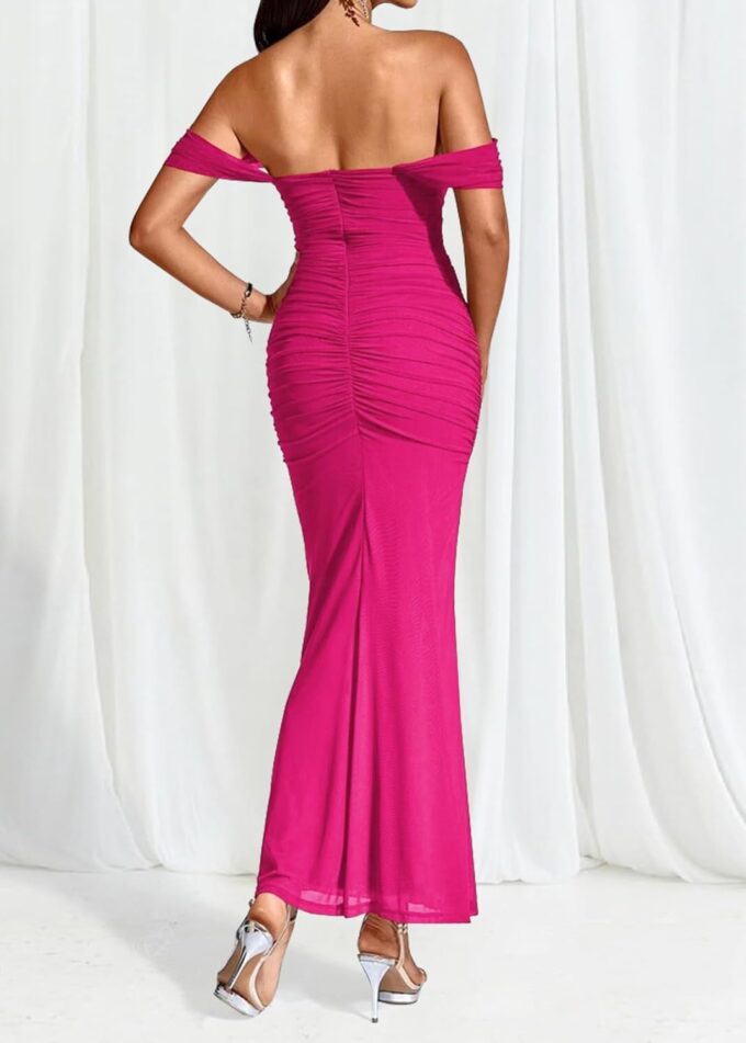MOEENCN Mesh Ruched Bodycon Long Dress Women Off Shoulder Mermaid Hem Midi Dresses Party Night Outfits – Bild 2