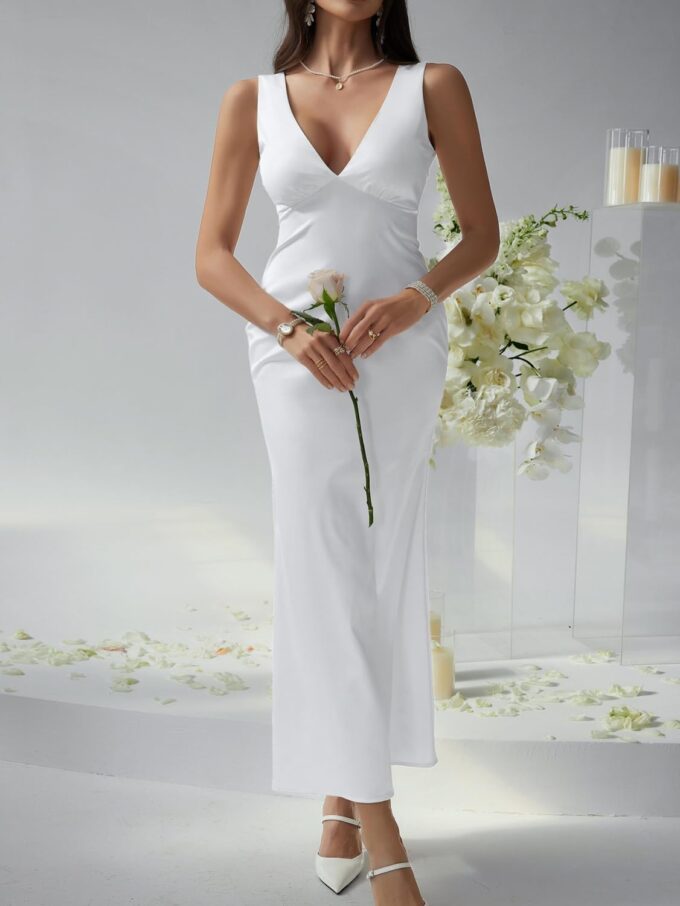 Womens Summer Elegant Satin V Neck Sleeveless Maxi Dress Silk Formal Cocktail Prom Dresses Wedding Guest – Bild 2