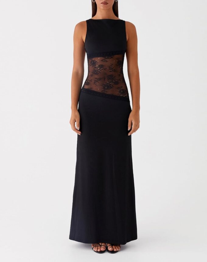Women's Lace Patchwork Maxi Dress Sleeveless Backless Cut Out Bodycon Long Dresses Sexy Mesh Cocktail Dress – Bild 3