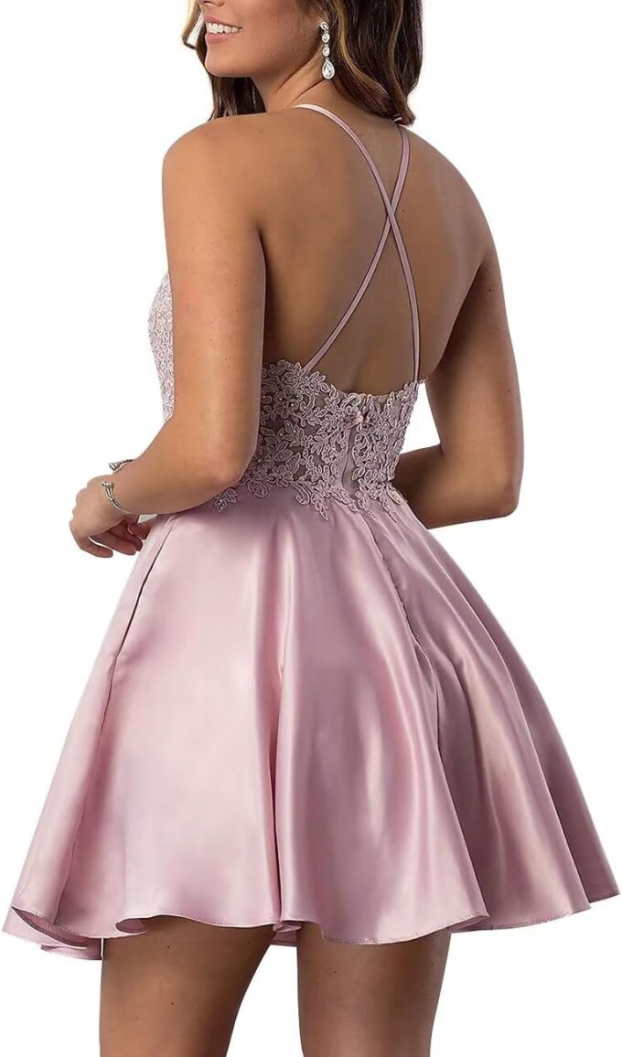 Tvuyet Lace-Applique Short Homecoming Dresses for Women with Pockets Satin Beaded Prom Cocktail Dress for Teens – Bild 2