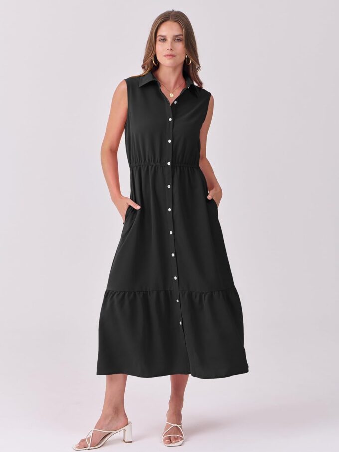 ANRABESS Womens Summer Button Down Maxi Shirt Dress Sleeveless Collared Tiered Work Dresses Beach Sundress with Pockets – Bild 5