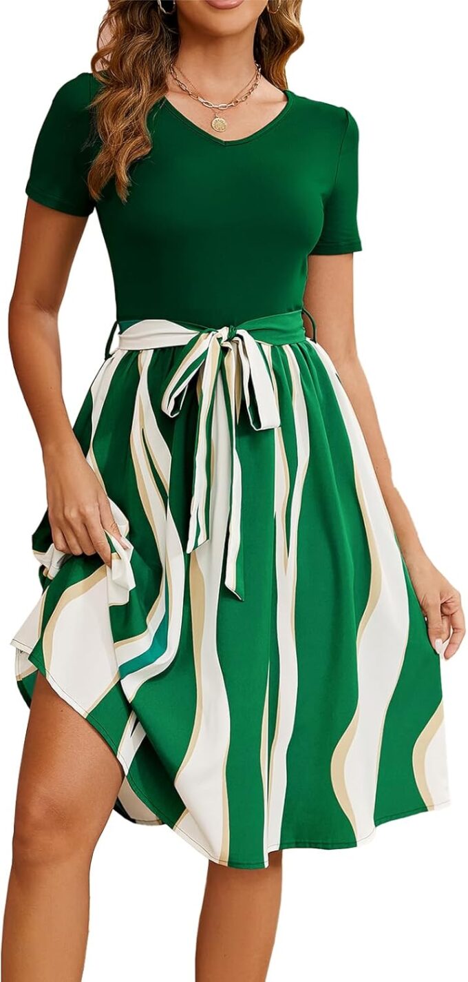 Damen Sommer Casual Elegant Vintage Streifen V-Ausschnitt Kurzarm Arbeit Party A-Linie Knielang Kleid mit Gürtel D824 – Bild 5