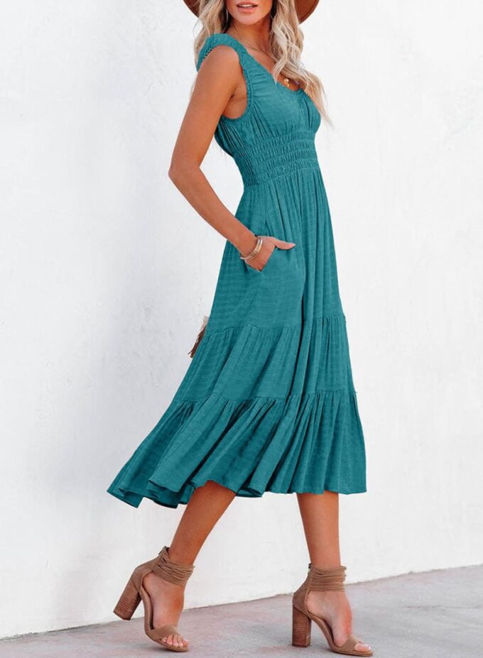 AlvaQ Women Summer Dresses Sleeveless Smocked Midi Dress High Waist Casual Tiered A Line Sundress with Pockets – Bild 2