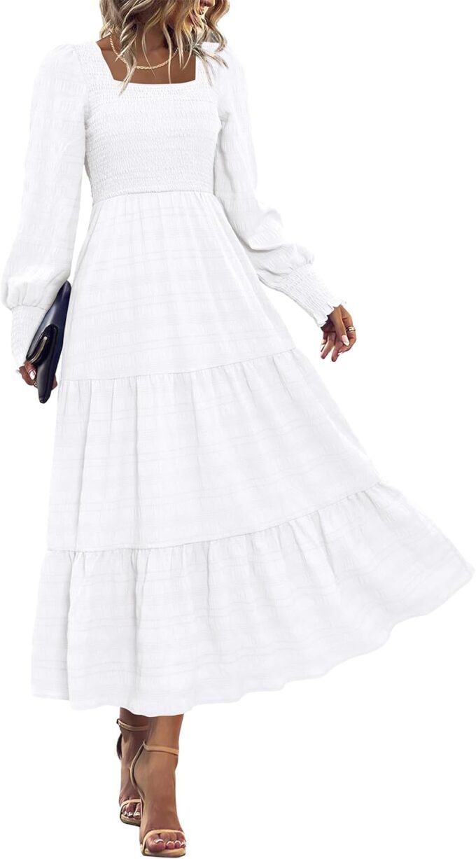 KIRUNDO Women Fall Wedding Guest Maxi Dress Elegant Puff Long Sleeve Summer Smocked Empire Waist Swing Flowy Long Dresses
