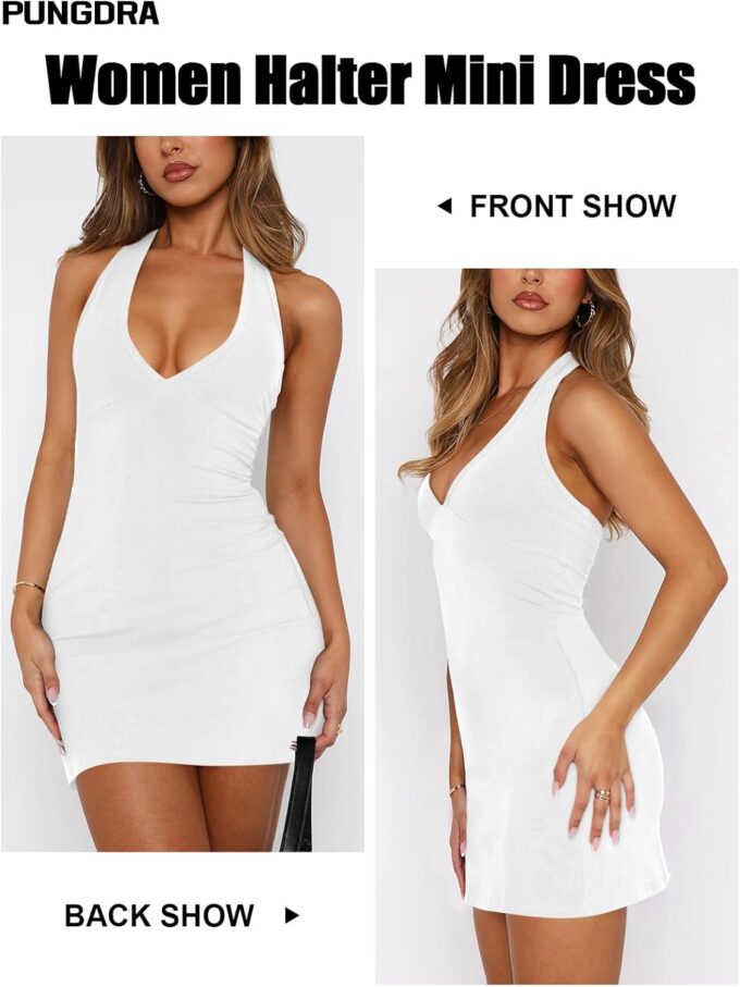 Women's Summer Sexy Halter V Neck Mini Dress for Women Slim Fit Club Party Going Out Bodycon Short Dresses – Bild 3