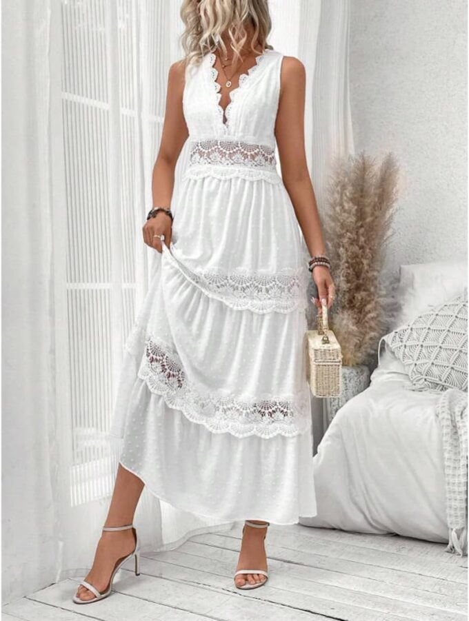 utcoco Womens Summer Embroidery Crochet Maxi Dresses Spliced Hollow Out V Neck Casual Sleeveless Flowy Boho Long Dress – Bild 4