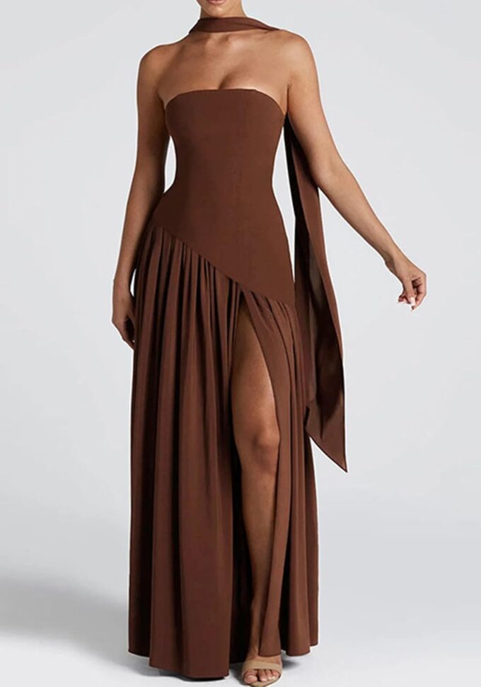 Women's Elegant Strapless Long Dress with Scarf Cocktail Wedding Guest Prom Maxi Dresses with Slit – Bild 2