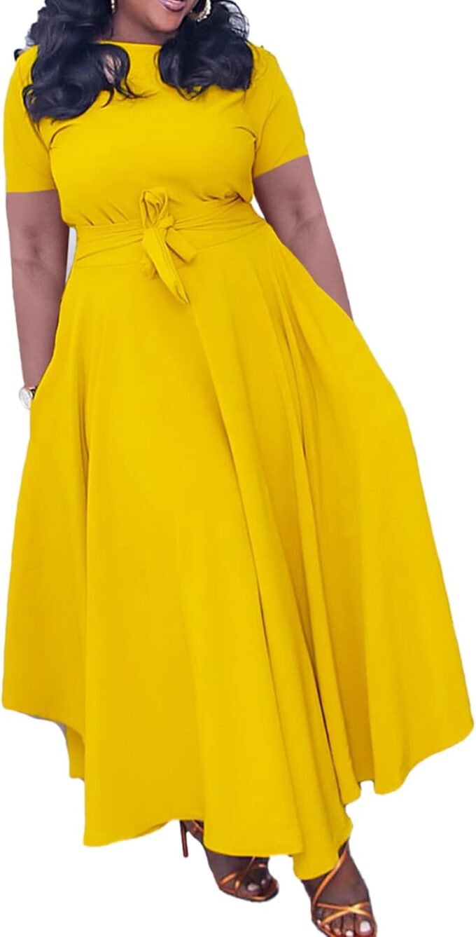 SEMATOMALA Damen-Maxikleid in A-Linie, selbstbindend, Rundhalsausschnitt, 3/4-Ärmel, hohe Taille, Übergröße, Swing-Flare, lange Kleider