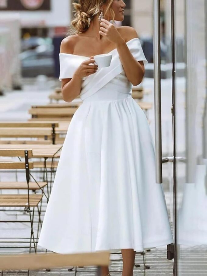 Simple Short Wedding Dresses for Bride Modest White A Line Off The Shoulder Tea Length Satin Wedding Dress for Women Formal Bridal Shower Engagement Elopement Dresses US12 – Bild 3