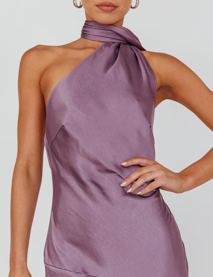 Sexy Satin Backless Halter Wedding Guest Dresses for Women Sleeveless Elegant Cowl Back Slit Midi Cocktail Dress Evening Gown – Bild 3
