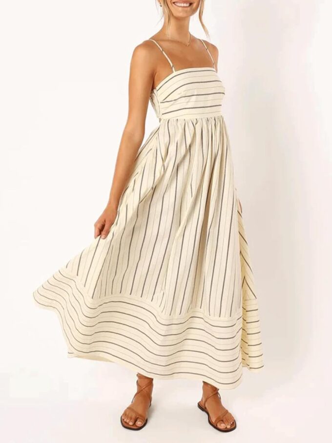 utcoco Womens Summer Striped Back Smocked Maxi Sundresses Spaghetti Strap Cut Out Flowy Swing A Line Long Dress – Bild 3