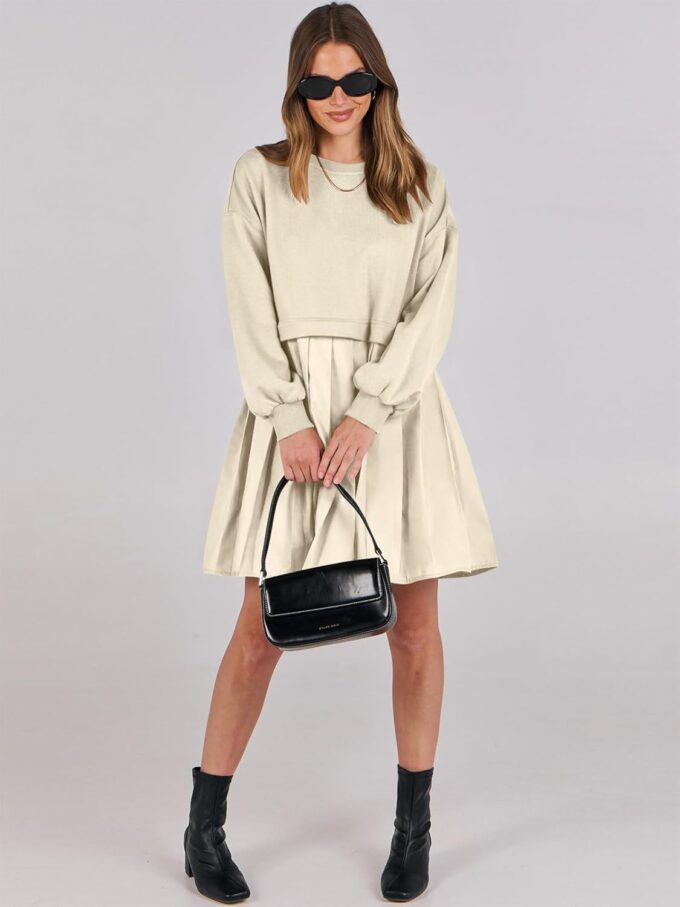 ANRABESS Women Sweatshirts Dress Oversized Long Sleeve Patchwork Casual Loose Pleated Pullover Mini Dress Fall Outfits 2025 – Bild 3