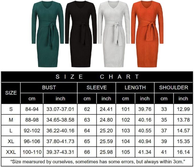 Yuanlar Damen Elegant V Ausschnitt Langarm Fliege Strick Bodycon Slim Fit Midi Kleid Bleistiftkleid – Bild 7