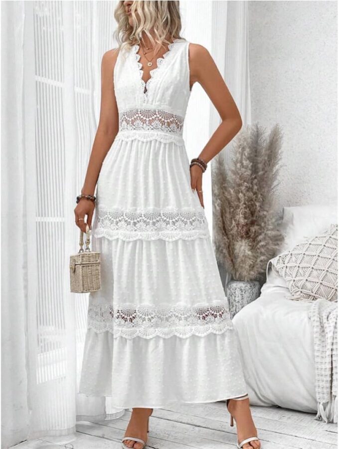 utcoco Womens Summer Embroidery Crochet Maxi Dresses Spliced Hollow Out V Neck Casual Sleeveless Flowy Boho Long Dress – Bild 2