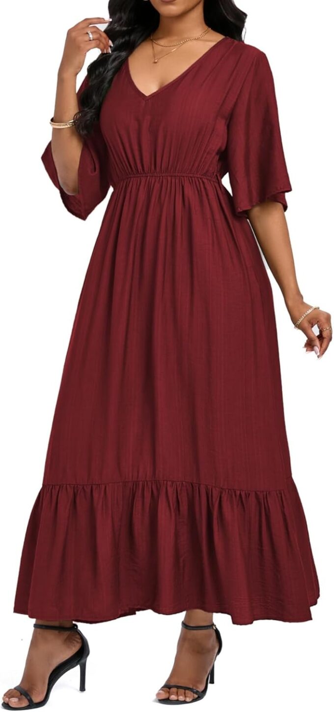 Women's Summer Short Sleeve Maxi Floral Flowy Dresses with Pockets