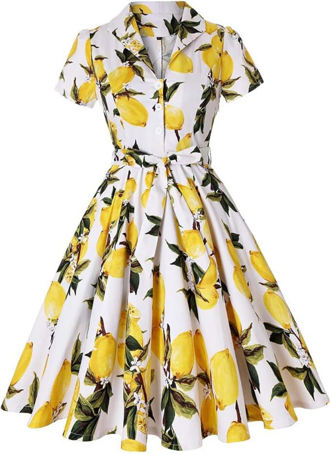 Women's Vintage Hepburn style fresh print Tea Dress Prom Swing Cocktail Party Dress with short-sleeved