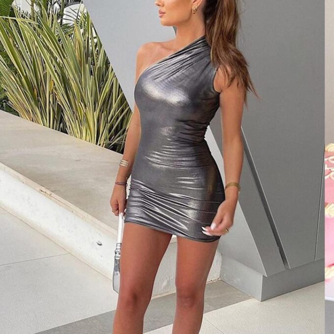 LuFeng Women's Sexy Sleeveless Pu Leather One Shoulder Slim Fit Package Hip Club Mini Dress – Bild 4