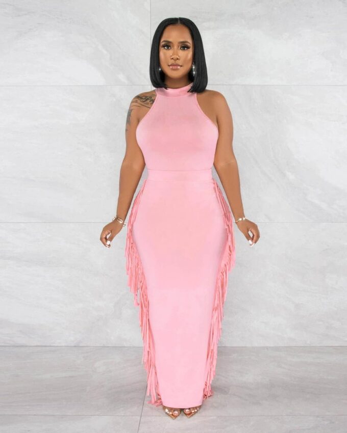 2 Piece Outfits for Women Sexy Halter Neck Sleeveless Crop Tops Ruched Bodycon Dresses Jumpsuits Fringe Skirt Sets – Bild 4