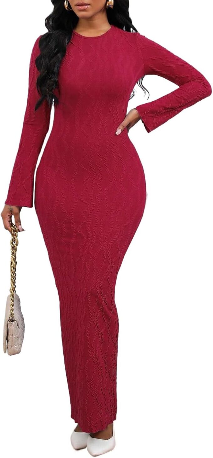 Damen Freizeitkleid Rundhals Elegant Herbst Winter Langarm Midi Bodycon Bleistift Cocktail Brautkleider 094