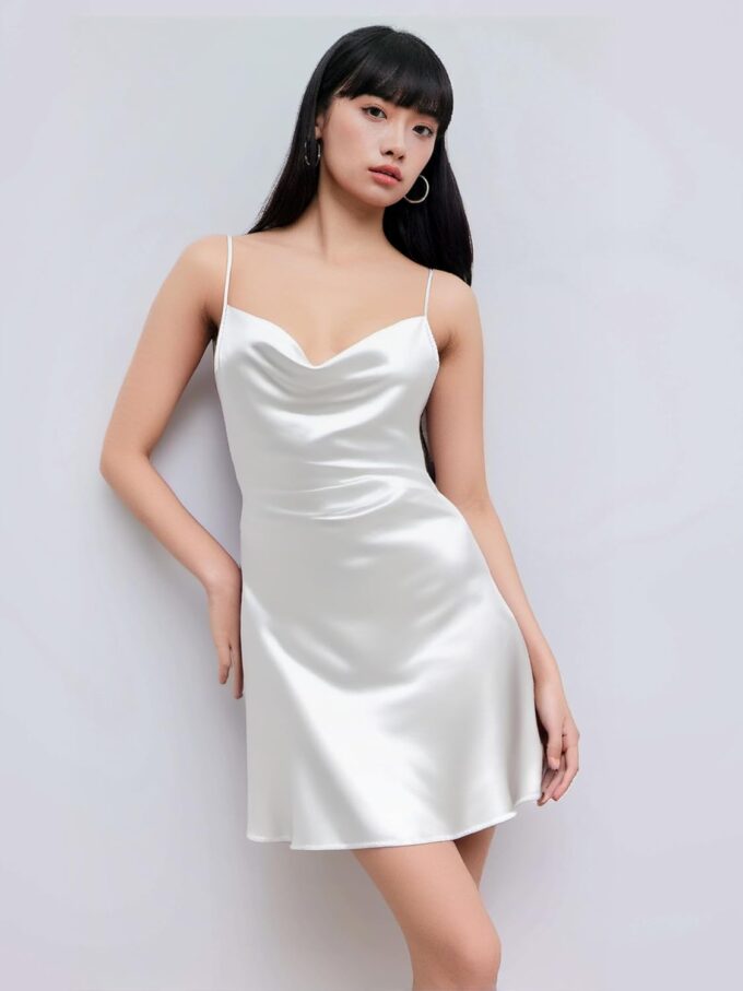 CIDER Women Summer 2025 Wedding Guest Cocktail Dresses Solid Satin Cowl Neck Cami Mini Dress – Bild 7